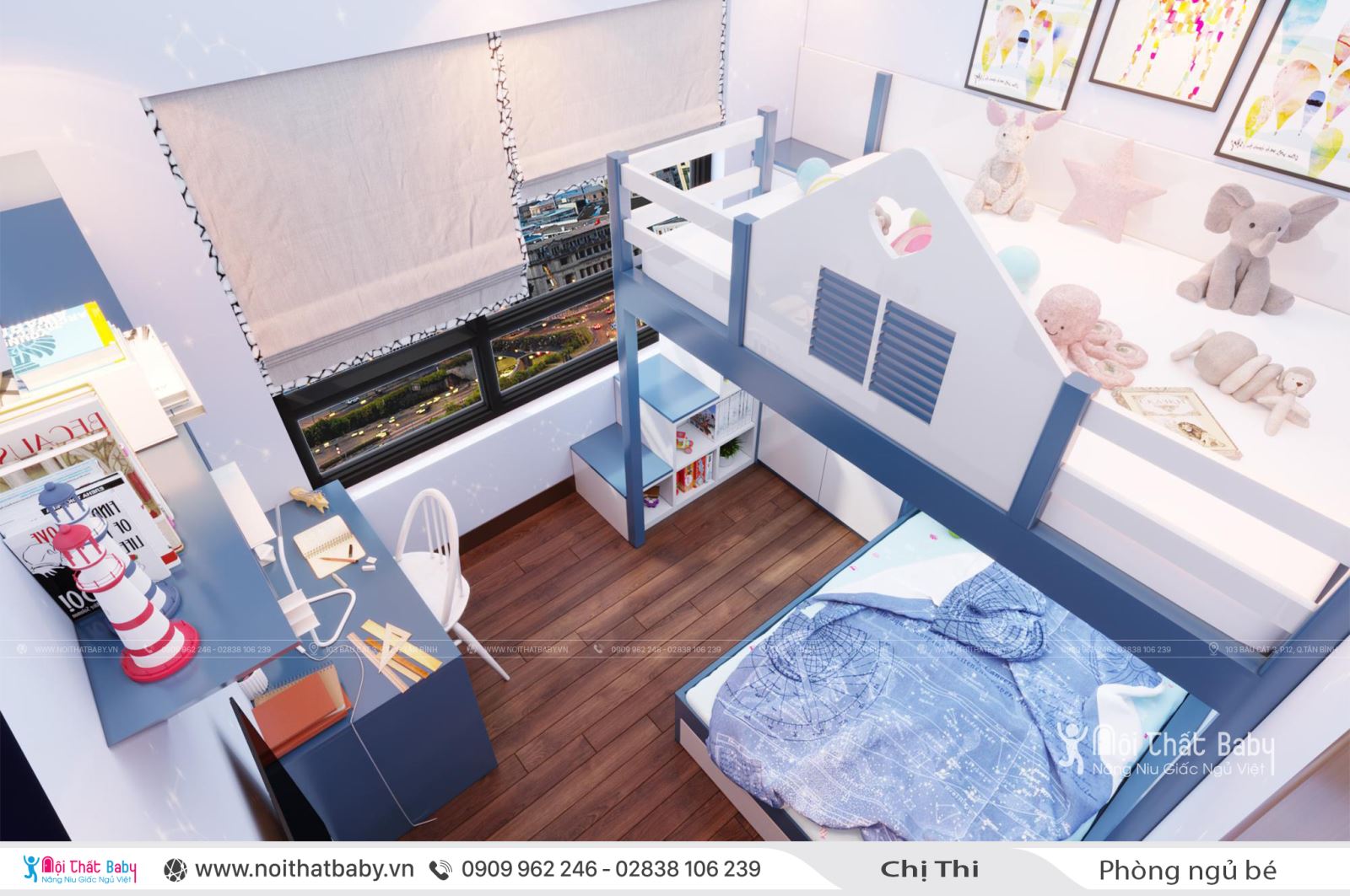 Phòng ngủ bé trai màu xanh tại căn Duplex 97m2 Emerald Celadon City